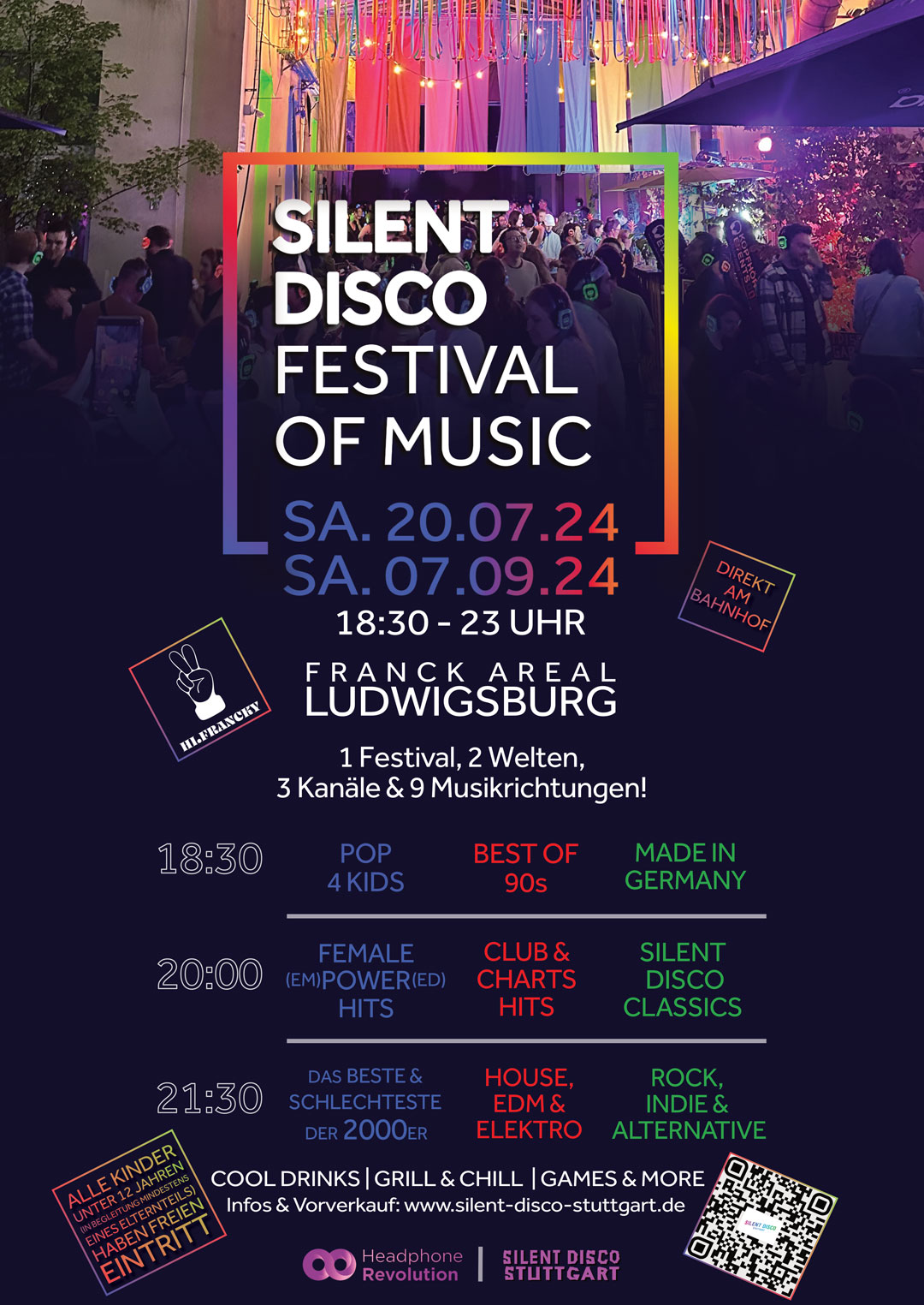 Ein Plakat für das Silent Disco Festival of Music, das am 20.07. und 07.09. in der Hi.Francky Bar in Ludwigsburg stattfindet.